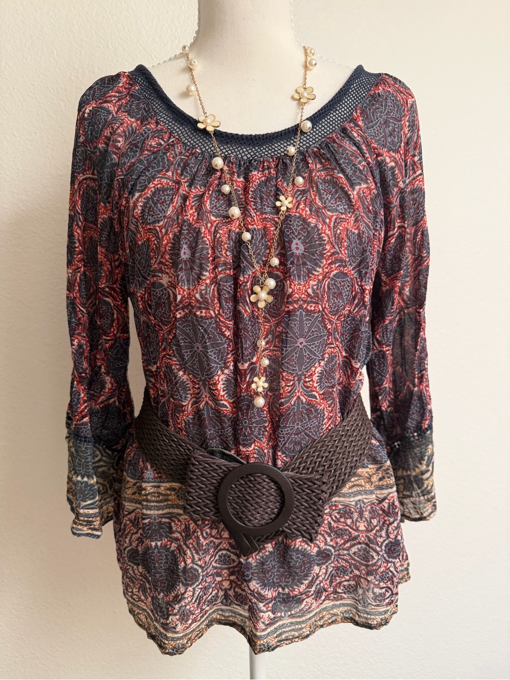 Anthropologie Tracy Reese Navy and Rust Patterned Boho Tunic